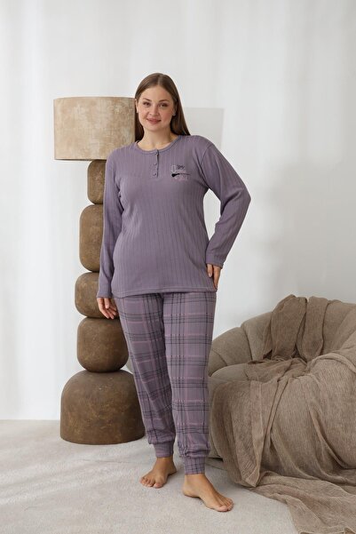 lindros Women's Cotton Button Collar Interlock Winter Oversized Pajama Set 0267 - 1 Piece