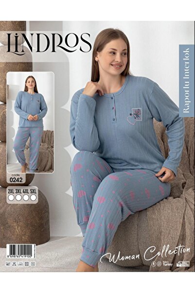lindros Women's Cotton Button Collar Interlock Winter Oversized Pajama Set 0242 - 1 Piece