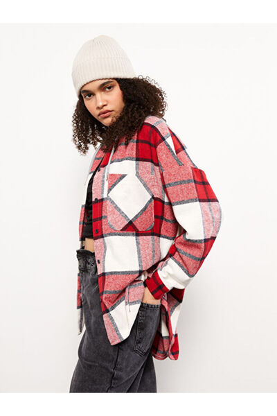 LC Waikiki Hooded Plaid Long Sleeve Flannel Oversize Women's Lumberjack Shirt Jacket