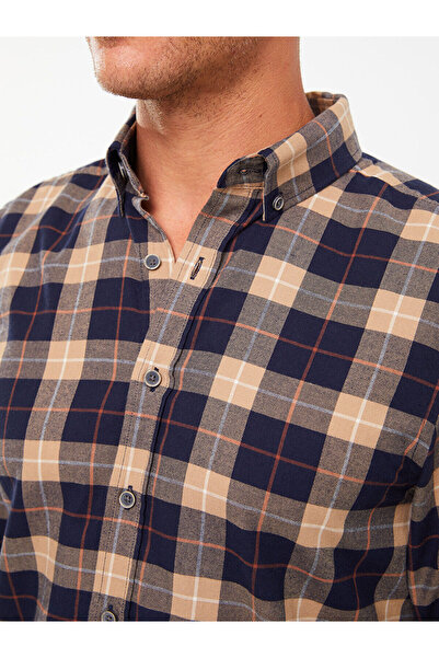 LC Waikiki Navy Blue Regular Fit Long Sleeve Plaid Gabardine Men's Shirt