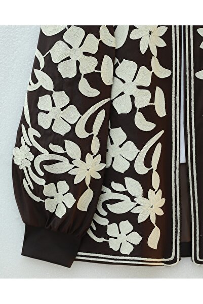 Modamorfo Lined Jacket with Embroidered Sleeves and Front -K. Brown