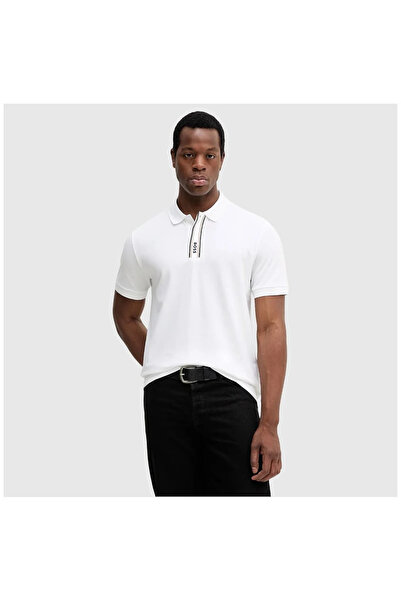 BOSS Erkek Normal Kalıp Pamuklu Kısa Kollu Logo Çizgili Beyaz Polo Yaka T-Shi...