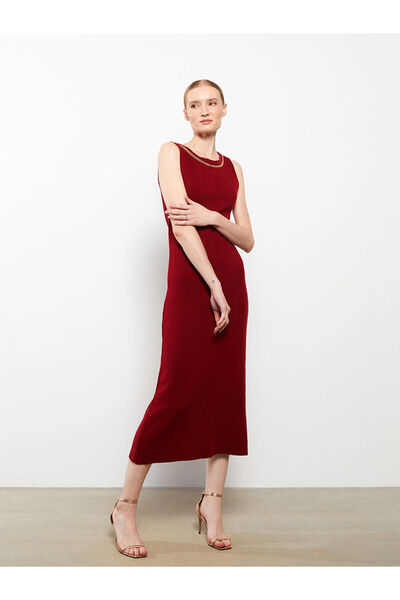 LC Waikiki Einfarbiges, ärmelloses Damen-Strickkleid mit Rundhalsausschnitt