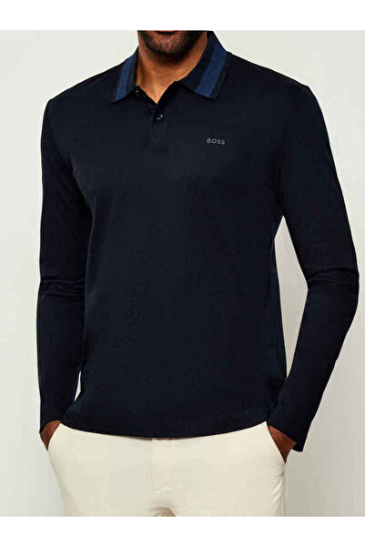 BOSS Erkek Normal Kalıp Logo İşlemeli %100 Pamuklu Uzun Kollu Lacivert Polo Y...