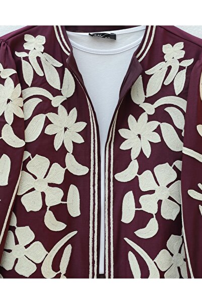 Modamorfo Lined Jacket with Embroidered Sleeves and Front - Plum