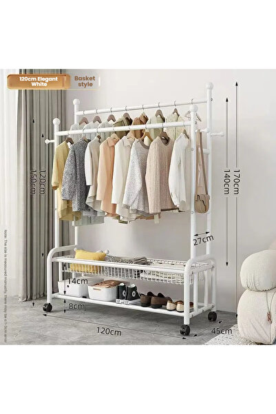 POWER رف ملابس دوار متحرك بقاعدة على شكل حرف U مزدوج القضيب مع سلال تخزين مزدوجة (120 سم)