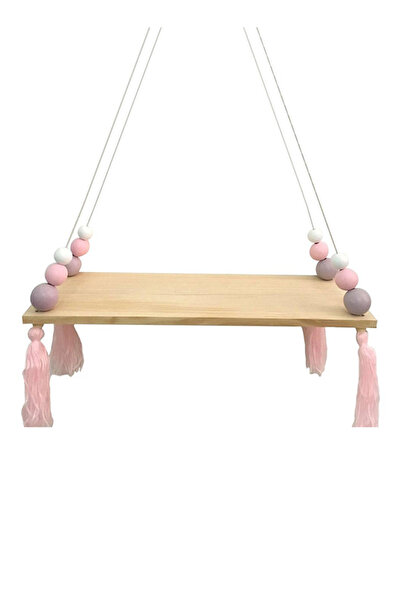 HALAMODO رف خشبي نورديك باللون البيج مع تصميم معلق على الحائط من الخرز والشرابات بمقاس واحد.