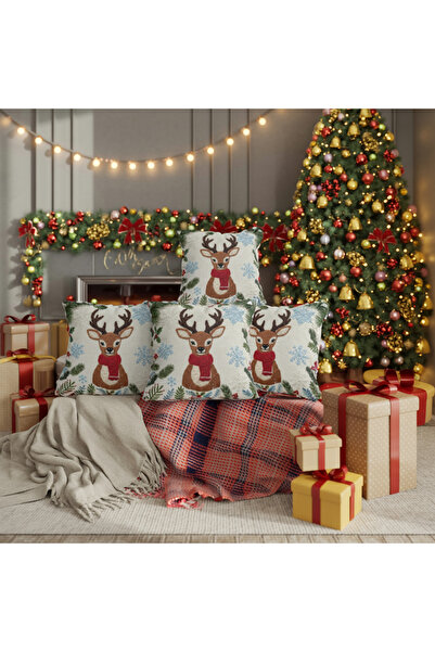 Ahsen Dekoratif Christmas Themed Deer Patterned 4-Piece Digital Printed Gift Pillow Cushion Cover