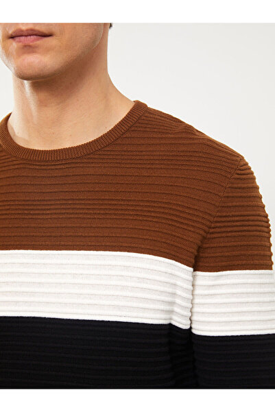 LC Waikiki Beige Crew Neck Long Sleeve Color Block Men's Knitwear Sweater