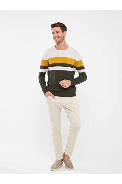 LC Waikiki Khaki Crew Neck Long Sleeve Color Block Men's Knitwear Sweater