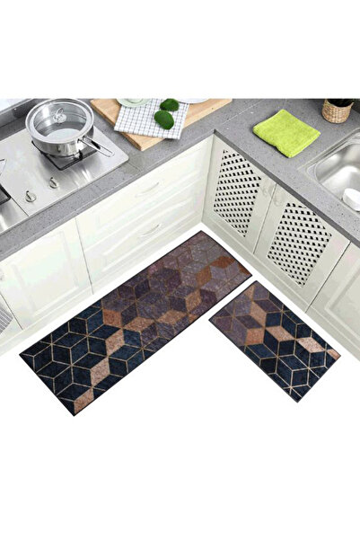 HALAMODO Marble Printed Floor Mat Set in Black, Blue, and Beige