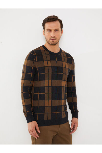 LC Waikiki Crew Neck Long Sleeve Plaid Men's Knitwear Sweater