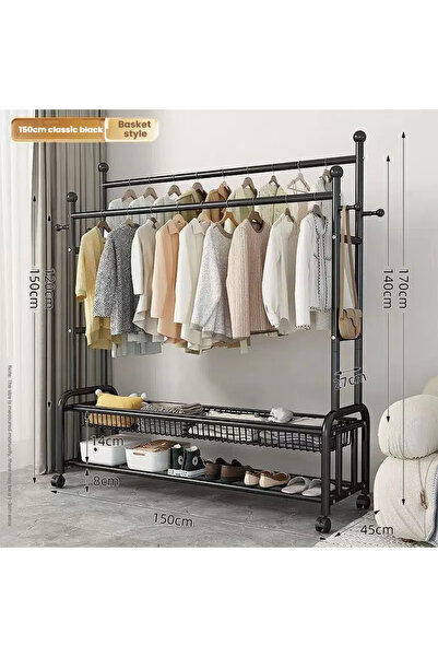 POWER رف ملابس دوار متحرك بقاعدة على شكل حرف U مزدوج القضيب مع سلال تخزين مزدوجة (150 سم)
