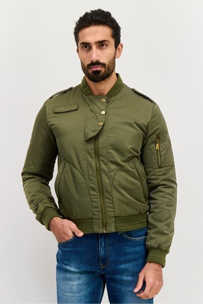 Trussardi Jeans Men Solid Long Sleeve Bomber Jacket, Military