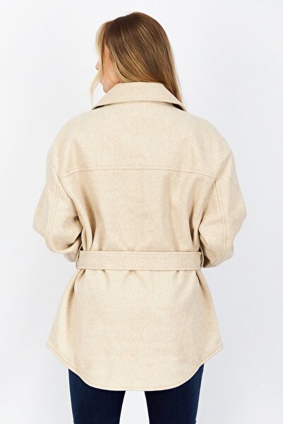 NA-KD Women Spread Collar Long Sleeve Belted Jacket, Beige