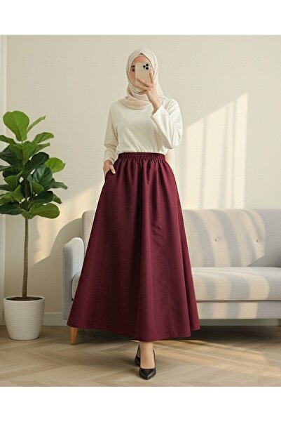 Modamorfo Parachute Skirt with Elastic Waist and Pockets - Burgundy