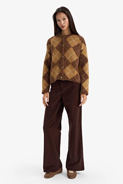DeFacto Regular Fit Crew Neck Argyle Patterned Buttoned Knitwear Cardigan G3252Ax25Wn