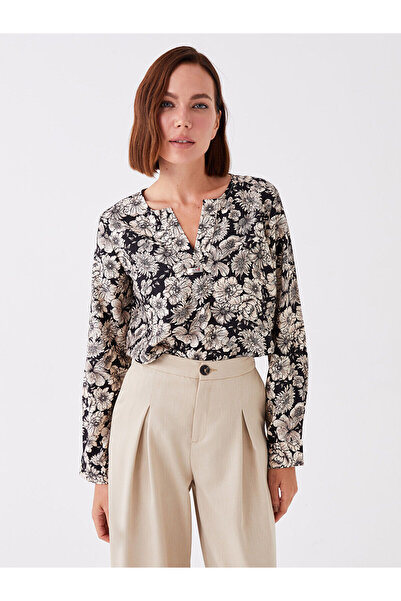 LC Waikiki Black Shrug Collar Floral Long Sleeve Women's Blouse