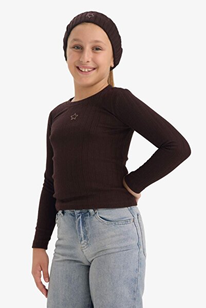 DeFacto Girls' Slim Fit Slim Fit Starry Corded Fabric Ribbed Knit Long Sleeve T-Shirt G3896A825Wn