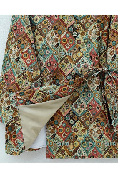 Modamorfo Patterned Lined Quilted Kimono with Tie-Waist Pockets - Beige