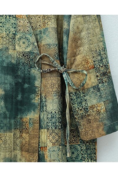 Modamorfo Patterned Quilted Kimono with Tie-Waist Pockets - Khaki