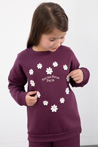 Cansın Mini Purple Floral Embroidered Fleece-Lined Girls Wide Leg Tracksuit Set 23347