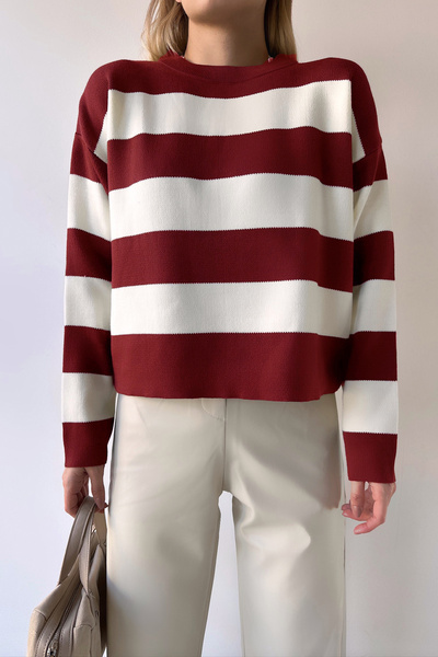 bacc Burgundy Crew Neck Striped Soft Textured Basic Knitwear Sweater Bc231035