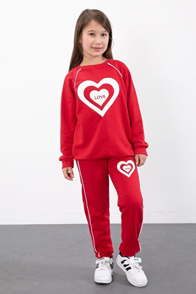 Cansın Mini Red Heart Patterned Girls' Striped Tracksuit Set 23345