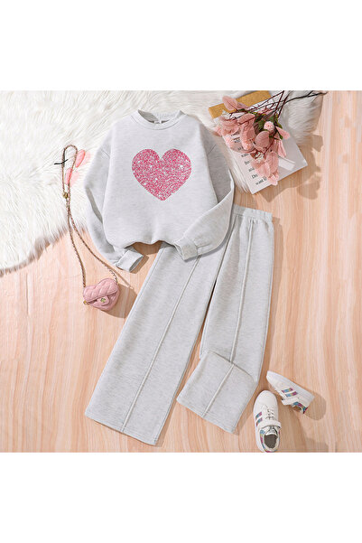 HEHelloEnjoy هودي بأكمام طويلة وطبعة قلب رمادي مع بنطلون واسع الساق مقاس 1 30...