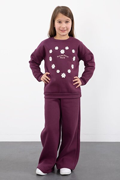 Cansın Mini Purple Floral Embroidered Fleece-Lined Girls Wide Leg Tracksuit Set 23347