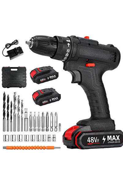 FADAKWALT مجموعة مثقاب لاسلكية 48 فولت، مثقاب كهربائي مع شاحن بطاريتين، سرعتان، 25 إعدادًا لعزم الدوران