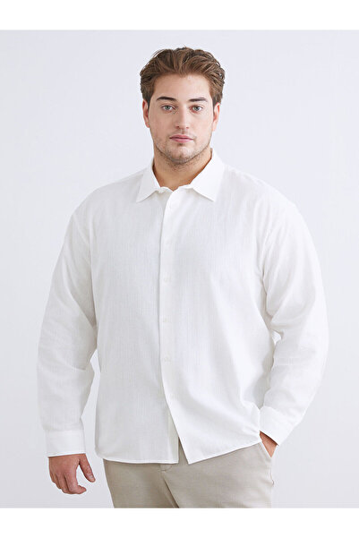 LC Waikiki Ecru Plus Size Regular Fit Long Sleeve Dobby Men's Shirt