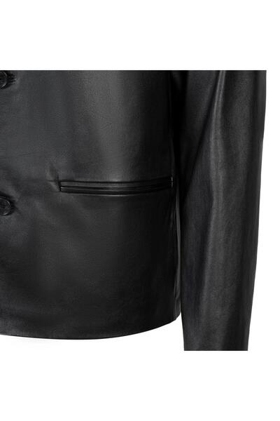 Desa Men's Black Shirt Collar Leather Blazer Jacket