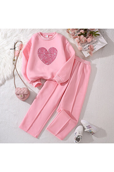 HEHelloEnjoy هودي بأكمام طويلة وطبعة قلب وردي مع بنطلون واسع الساق مقاس 1 30 ...