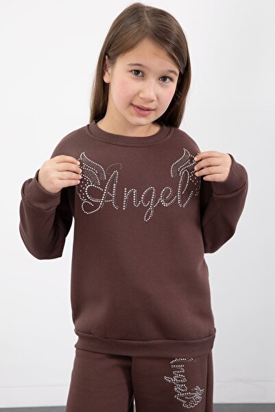 Cansın Mini Комплект спортен екип за момичета с принт на кафяв крилат ангел 23346