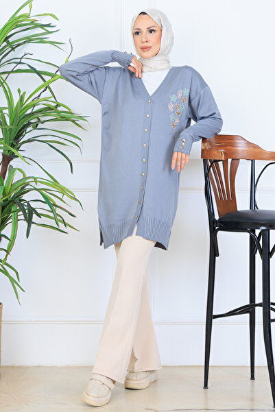 benguen Embroidery Detailed Beaded Mercerized Cardigan N3280 Gray