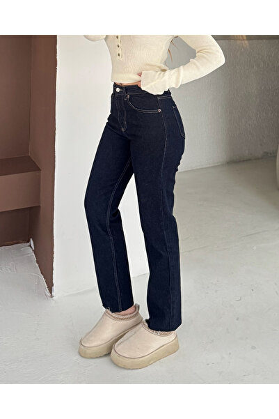 deqfashion Kadın Koyu Lacivert Paçası Kesik Boy Fit Jean Kot Pantolon