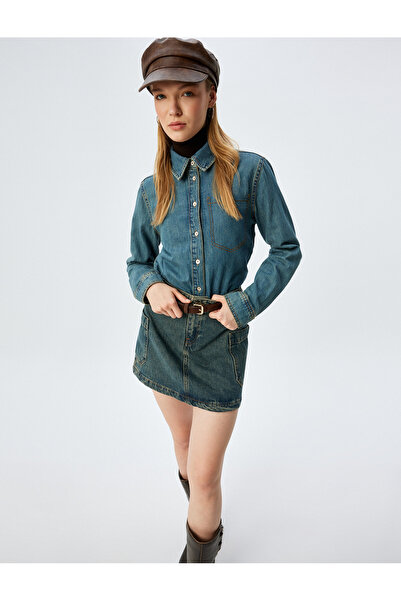 Koton Cămașă din denim cu buzunar, guler clasic, cu nasturi