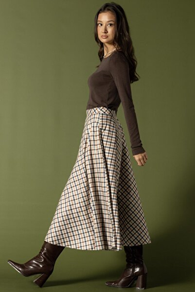 Olcay Plaid Patterned Flared Skirt Beige 7066