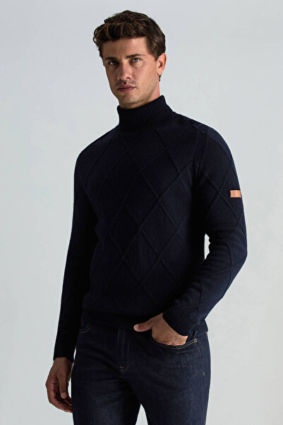 Hemington Baklava Desenli Boğazlı Lacivert Kaşmir-Yün Kazak