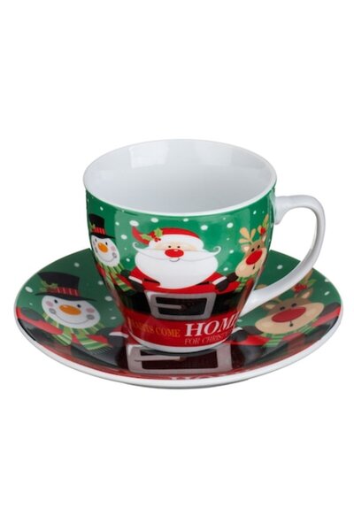 OEM Set de cești de Crăciun din porțelan, verde cu figurine și farfurie, 220 ml