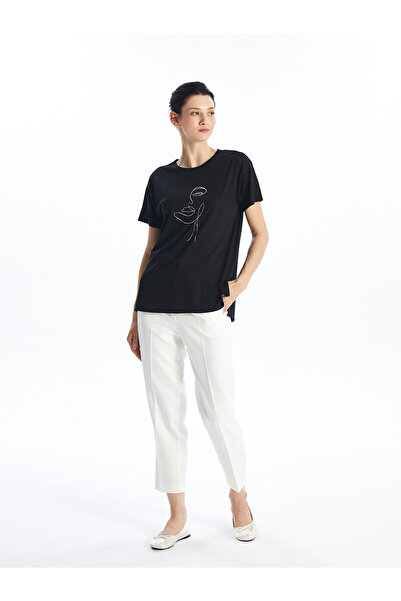 LC Waikiki Black Crew Neck Printed Short Sleeve Women's T-Shirt