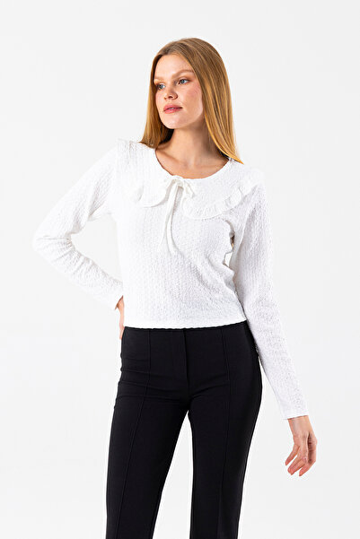 GİYSA Women's Collared Blouse with Tie Detail and Textured Fabric White - 26116