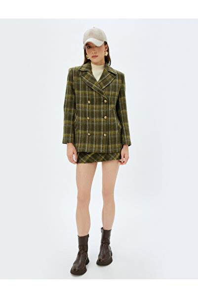 Koton Kostkovaný vzorovaný khaki dámský kabát - 5Wak00332Ew