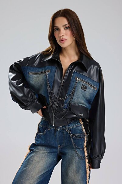 tw3 Jachetă de damă din denim cu secțiuni cu lanțuri, cu design din piele art...