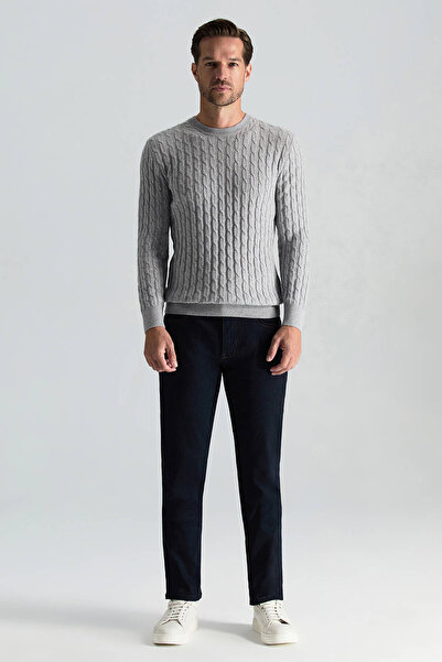 Hemington Lambswool Yün Saç Örgü Desenli Bisiklet Yaka Açık Gri Kazak