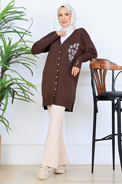 benguen Embroidery Detailed Beaded Mercerized Cardigan N3280 Brown