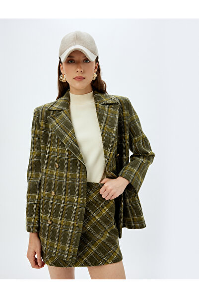 Koton Kostkovaný vzorovaný khaki dámský kabát - 5Wak00332Ew
