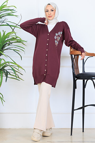benguen Embroidery Detailed Beaded Mercerized Cardigan N3280 Plum