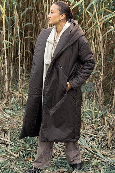 Olcay Hooded Snap Closure Fiber Long Coat Brown 6815